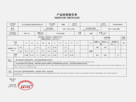 Inspection Certificate